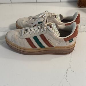 adidas Gazelle Suede Sneakers in Cream with Green & Brown Stripes